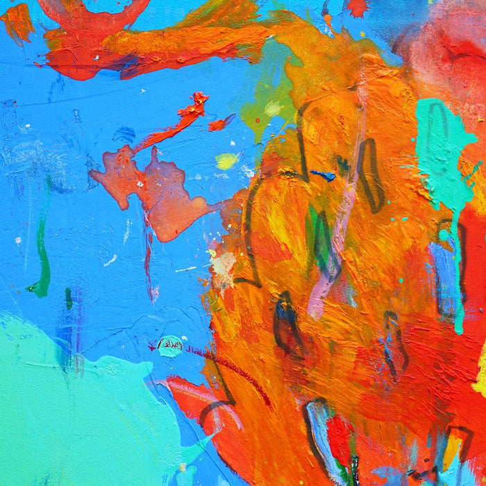 Blume VII (Ausschnitt) ist ein farbintensives Originalgemälde aus der Serie Schmiertafel. Leuchtendes Blau trifft auf Rot, Grün und Orange in einer expressiven Blumenkomposition.