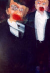 Expressives Doppelportrait „Bob and Chris“ mit überhöhten Augen und roten Mündern, 120 × 170 cm, 2002, Öl auf Leinwand – Atelier Hellbusch