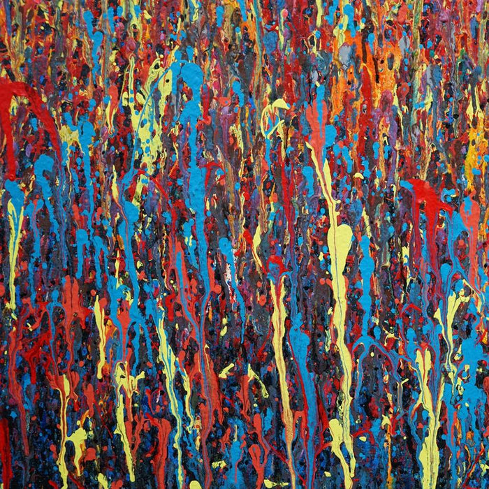 Großes abstraktes Acrylgemälde in leuchtenden Farben von Mark Hellbusch – Claim 150 (Nahaufnahme) – 140x120 cm – zeitgenössische Kunst aus Wiesbaden