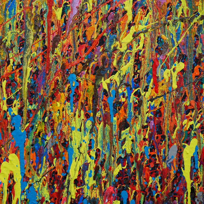 Großes abstraktes Acrylgemälde in leuchtenden Farben von Mark Hellbusch – Claim 150 (Nahaufnahme) – 140x120 cm – zeitgenössische Kunst aus Wiesbaden
