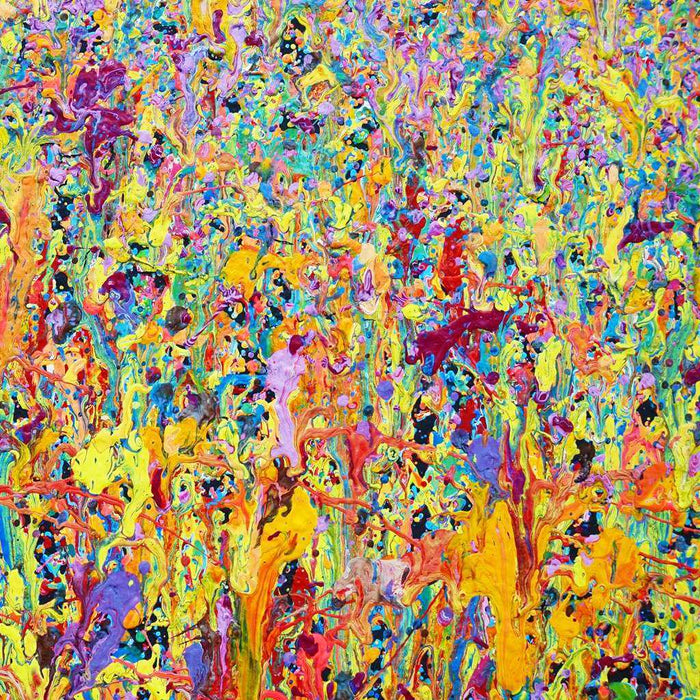 Großes abstraktes Acrylgemälde in leuchtenden Farben von Mark Hellbusch – Claim 150 (Nahaufnahme) – 140x120 cm – zeitgenössische Kunst aus Wiesbaden