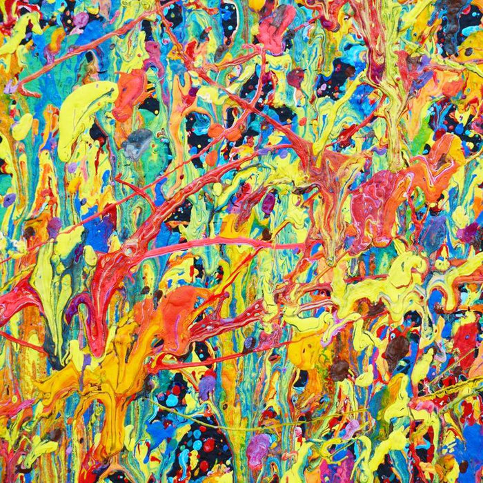 Großes abstraktes Acrylgemälde in leuchtenden Farben von Mark Hellbusch – Claim 150 (Nahaufnahme) – 140x120 cm – zeitgenössische Kunst aus Wiesbaden