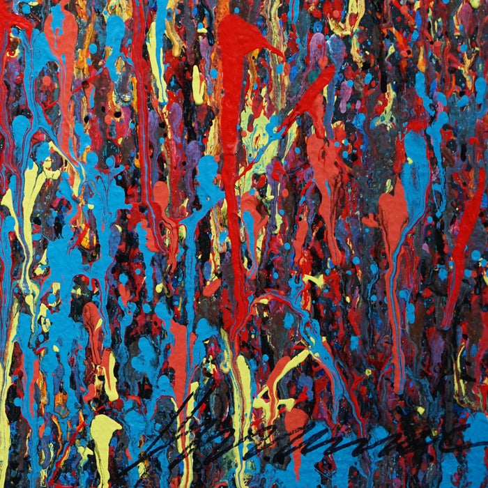 Großes abstraktes Acrylgemälde in leuchtenden Farben von Mark Hellbusch – Claim 150 (Nahaufnahme, Signatur) – 140x120 cm – zeitgenössische Kunst aus Wiesbaden