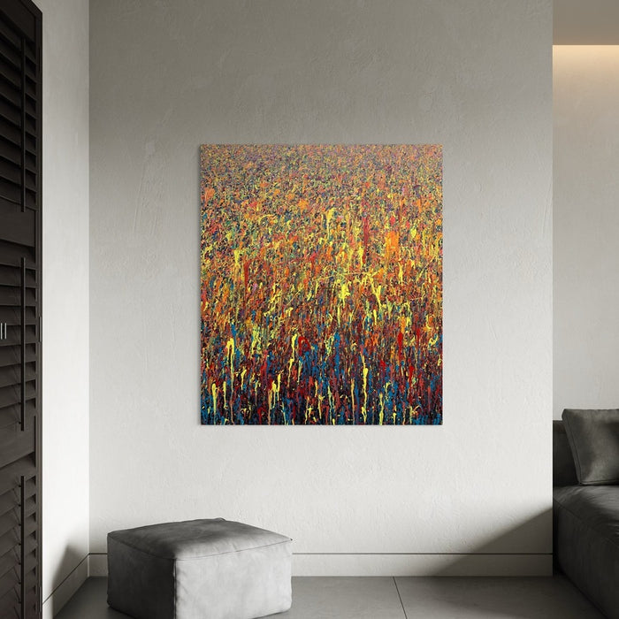 Großes abstraktes Acrylgemälde in leuchtenden Farben von Mark Hellbusch – Claim 150 (in Situation) – 140x120 cm – zeitgenössische Kunst aus Wiesbaden