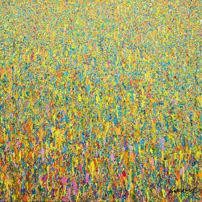 Farbenreiche abstrakte Kunst mit dichter Struktur, Claim 157, Acryl und Lack auf Leinwand, 90 × 120 cm, Atelier Hellbusch