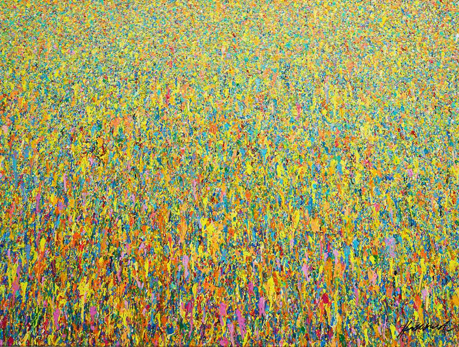 Farbenreiche abstrakte Kunst mit dichter Struktur, Claim 157, Acryl und Lack auf Leinwand, 90 × 120 cm, Atelier Hellbusch