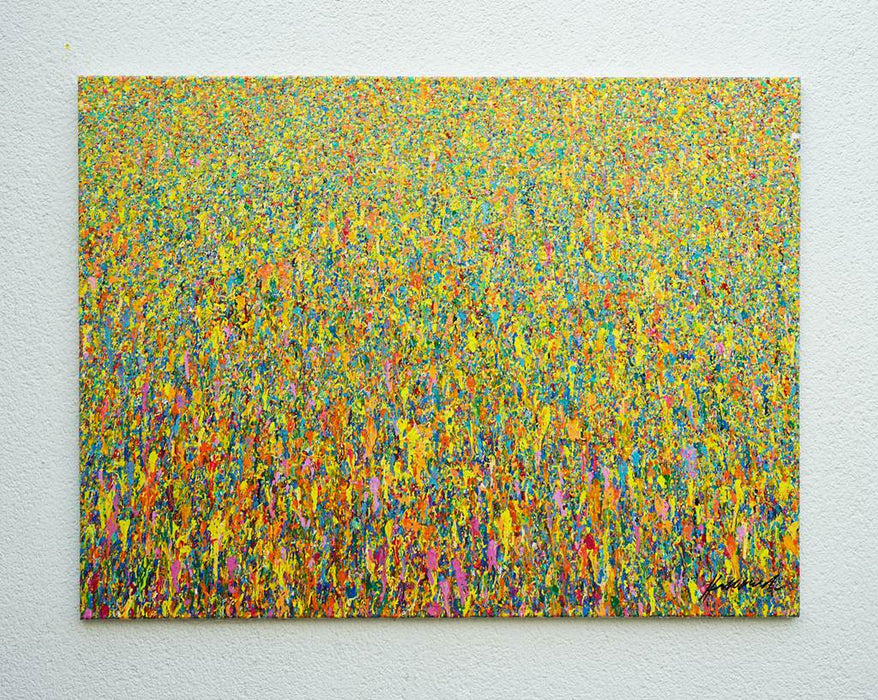 Farbenreiche abstrakte Kunst mit dichter Struktur, Claim 157, Acryl und Lack auf Leinwand, 90 × 120 cm, Atelier Hellbusch