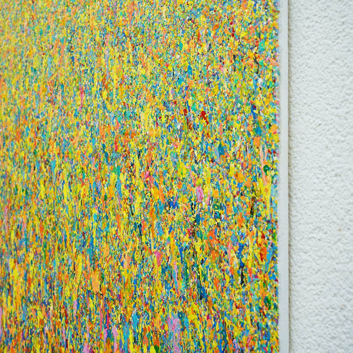 Farbenreiche abstrakte Kunst (Seitenperspektive) mit dichter Struktur, Claim 157, Acryl und Lack auf Leinwand, 90 × 120 cm, Atelier Hellbusch