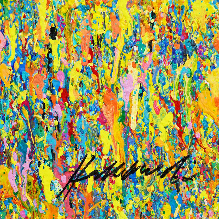 Farbenreiche abstrakte Kunst mit dichter Struktur, Claim 157 (Signatur), Acryl und Lack auf Leinwand, 90 × 120 cm, Atelier Hellbusch