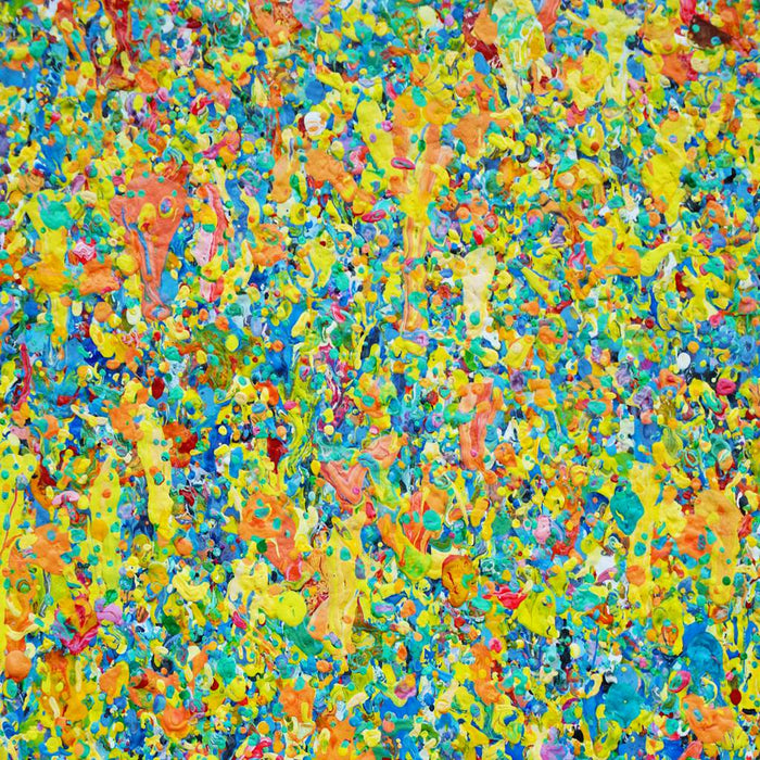 Farbenreiche abstrakte Kunst mit dichter Struktur, Claim 157 (Detail), Acryl und Lack auf Leinwand, 90 × 120 cm, Atelier Hellbusch