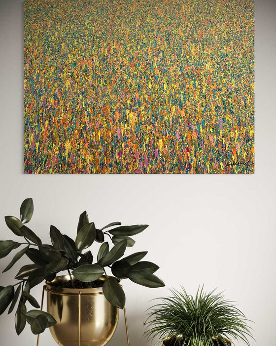 Farbenreiche abstrakte Kunst mit dichter Struktur, Claim 157 (in Situ), Acryl und Lack auf Leinwand, 90 × 120 cm, Atelier Hellbusch