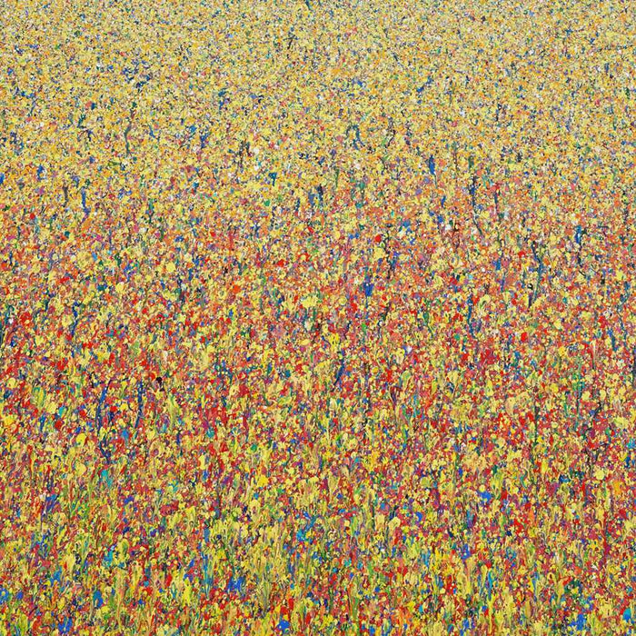Claim 102 - Modernes Kunstwerk, großformatig und abstrakt. Bunte Farben - insbesondere Gelb - aber auch Rot, Orange, Grün, Weiß und Blau sowie deren Vermischungen ergeben ein organisches Feld. Der Verlauf ist oben eher punktartig. Nach unten hin immer länger (Farbstriche) . Die moderne Malerei erinnert an Natur. ARTLET - Atelier Hellbusch.