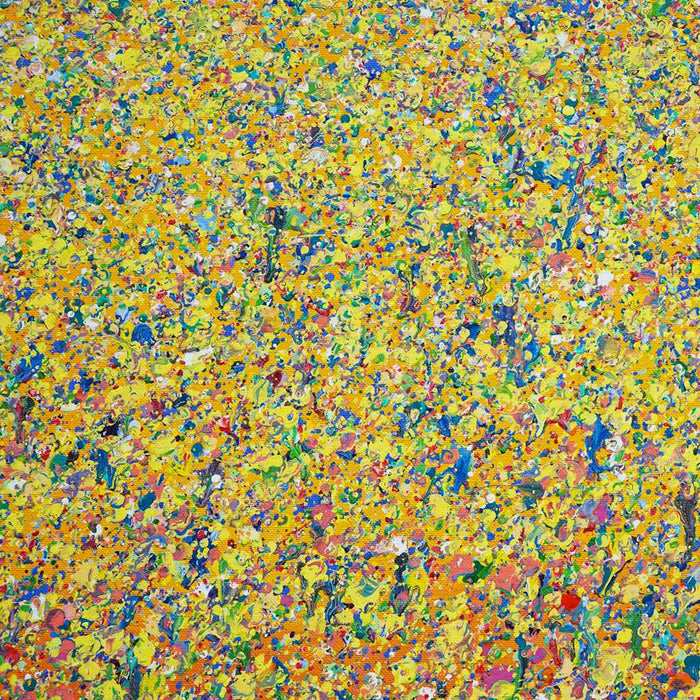 Claim 102 - Modernes Kunstwerk, großformatig und abstrakt (Ausschnitt). Bunte Farben - insbesondere Gelb - aber auch Rot, Orange, Grün, Weiß und Blau sowie deren Vermischungen ergeben ein organisches Feld. Der Verlauf ist oben eher punktartig. Nach unten hin immer länger (Farbstriche) . Die moderne Malerei erinnert an Natur. ARTLET - Atelier Hellbusch.