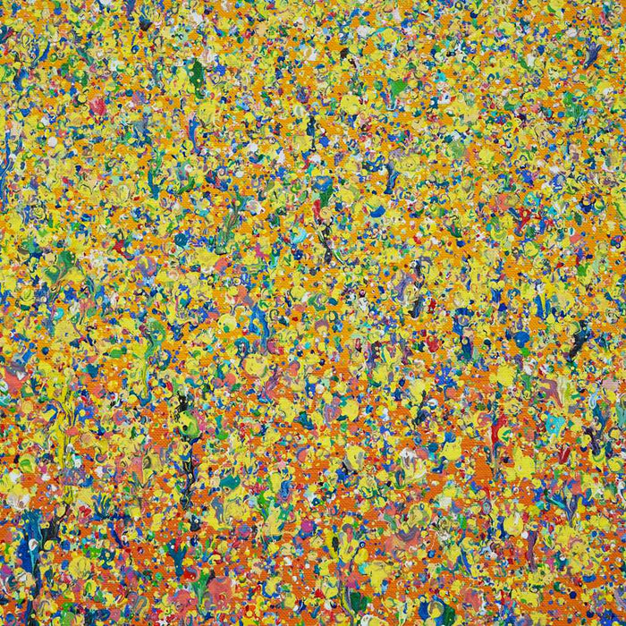 Claim 102 - Modernes Kunstwerk, großformatig und abstrakt (Ausschnitt). Bunte Farben - insbesondere Gelb - aber auch Rot, Orange, Grün, Weiß und Blau sowie deren Vermischungen ergeben ein organisches Feld. Der Verlauf ist oben eher punktartig. Nach unten hin immer länger (Farbstriche) . Die moderne Malerei erinnert an Natur. ARTLET - Atelier Hellbusch.