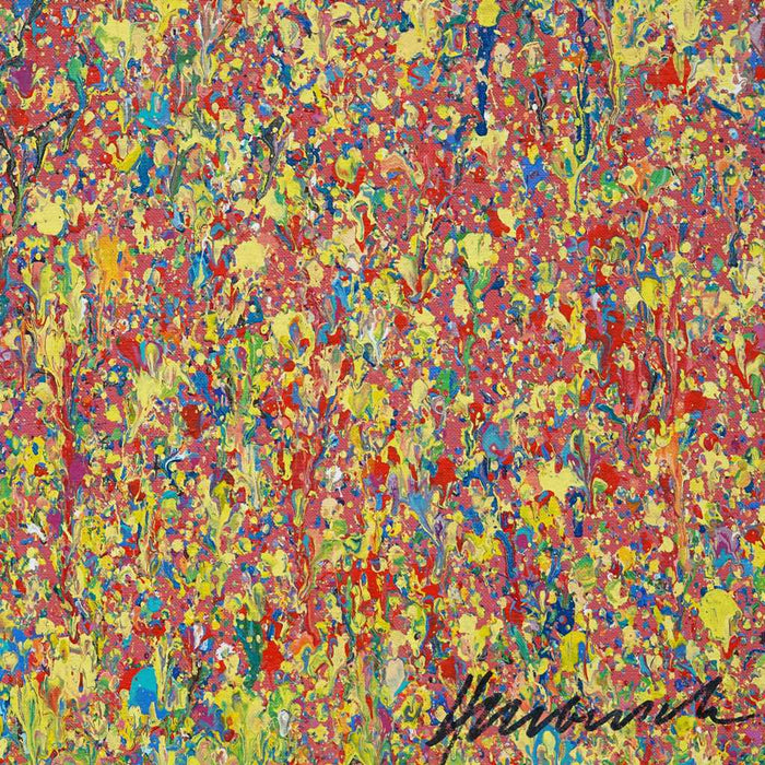 Claim 102 - Modernes Kunstwerk, großformatig und abstrakt (Ausschnitt). Bunte Farben - insbesondere Gelb - aber auch Rot, Orange, Grün, Weiß und Blau sowie deren Vermischungen ergeben ein organisches Feld. Der Verlauf ist oben eher punktartig. Nach unten hin immer länger (Farbstriche) . Die moderne Malerei erinnert an Natur. ARTLET - Atelier Hellbusch.