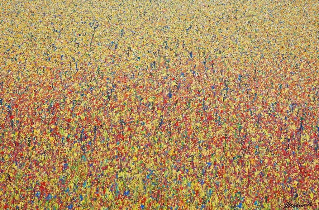 Claim 102 - Modernes Kunstwerk, großformatig und abstrakt. Bunte Farben - insbesondere Gelb - aber auch Rot, Orange, Grün, Weiß und Blau sowie deren Vermischungen ergeben ein organisches Feld. Der Verlauf ist oben eher punktartig. Nach unten hin immer länger (Farbstriche) . Die moderne Malerei erinnert an Natur. ARTLET - Atelier Hellbusch.