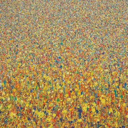 Großes abstraktes Acrylgemälde in warmen Gelb- und Rottönen mit blauen Akzenten – Claim 123 von Mark Hellbusch, 110 x 150 cm, 2022.