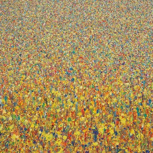 Großes abstraktes Acrylgemälde in warmen Gelb- und Rottönen mit blauen Akzenten – Claim 123 von Mark Hellbusch, 110 x 150 cm, 2022.