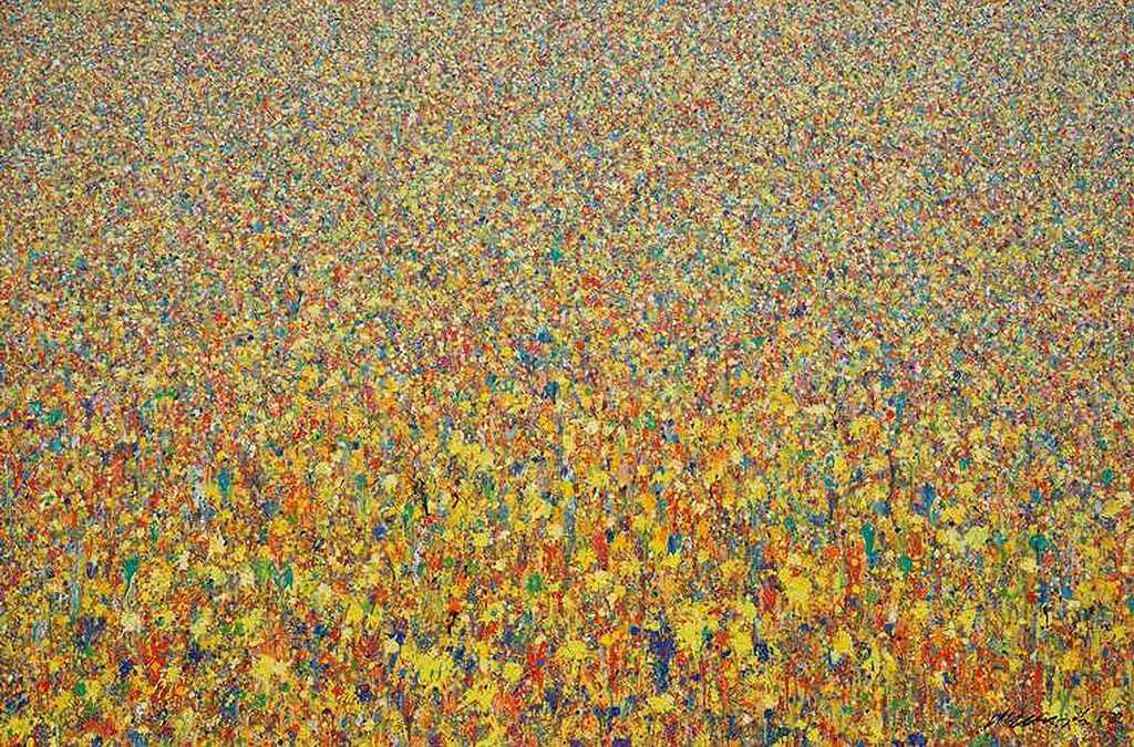 Großes abstraktes Acrylgemälde in warmen Gelb- und Rottönen mit blauen Akzenten – Claim 123 von Mark Hellbusch, 110 x 150 cm, 2022.