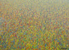 Claim 124 | Das Bild auf Leinwand zeigt eine abstrakte Landschaft (110x150 cm). Bunte Farben - insbesondere Gelb - aber auch Rot, Orange, Grün, Weiß und Blau sowie deren Vermischungen ergeben ein organisches Feld. Der Verlauf der Farben ist oben eher punktartig, nach unten hin wird er immer länger (Farbstriche) . Die moderne Malerei erinnert an Natur. Großes Bild. ARTLET | Atelier Hellbusch.