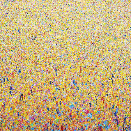 Claim 105 - Dekorative Malerei 100 x 110 cm. Bunte Farben ergeben ein organisches Feld. Atelier Hellbusch.