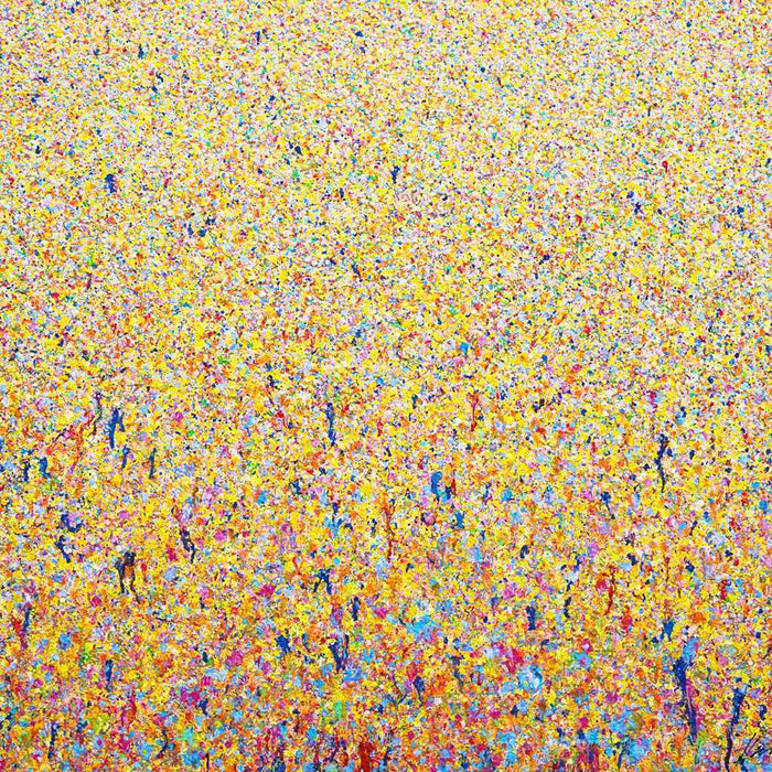 Claim 105 - Dekorative Malerei 100 x 110 cm. Bunte Farben ergeben ein organisches Feld. Atelier Hellbusch.