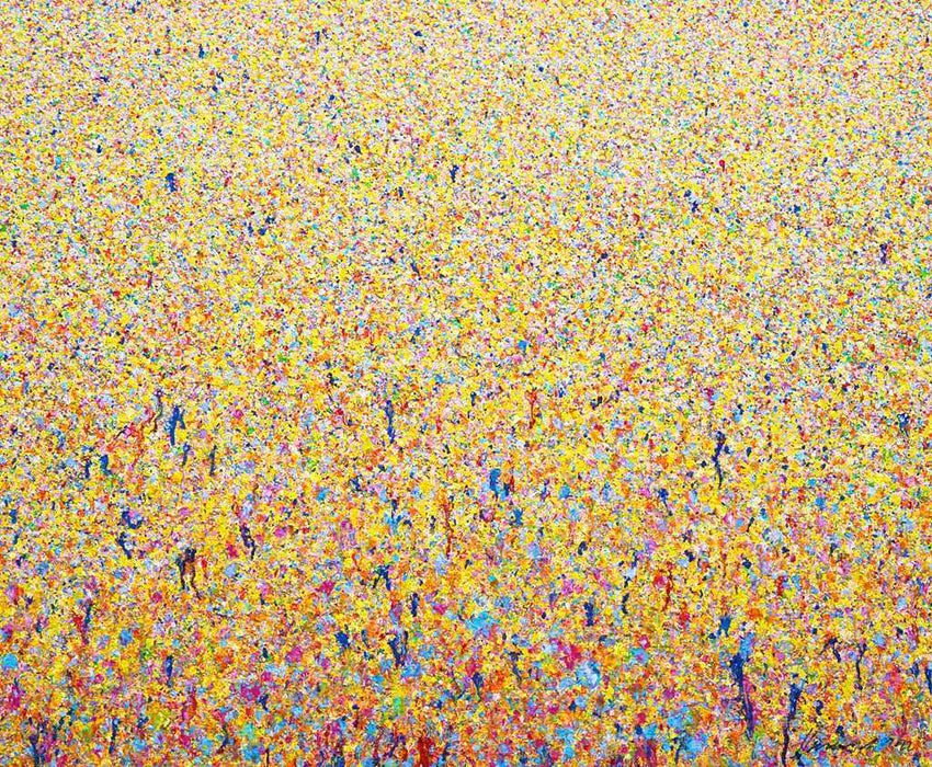 Claim 105 - Dekorative Malerei 100 x 110 cm. Bunte Farben ergeben ein organisches Feld. Atelier Hellbusch.