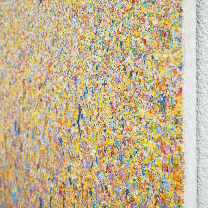 Claim 105 - Dekorative Malerei 100 x 110 cm. Bunte Farben ergeben ein organisches Feld. Atelier Hellbusch.