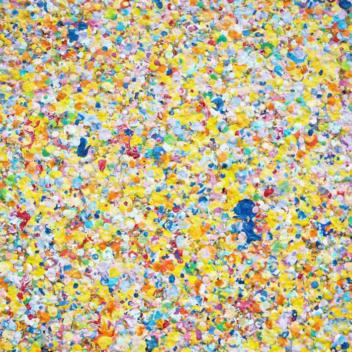 Claim 105 - Dekorative Malerei 100 x 110 cm. Bunte Farben ergeben ein organisches Feld. Atelier Hellbusch.