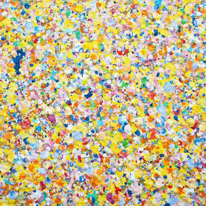 Claim 105 - Dekorative Malerei 100 x 110 cm. Bunte Farben ergeben ein organisches Feld. Atelier Hellbusch.