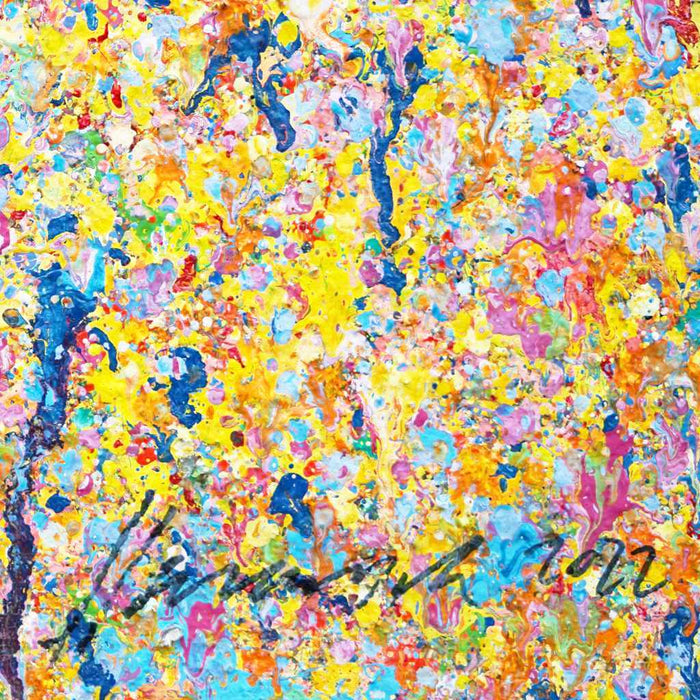 Claim 105 - Dekorative Malerei 100 x 110 cm. Bunte Farben ergeben ein organisches Feld. Atelier Hellbusch.