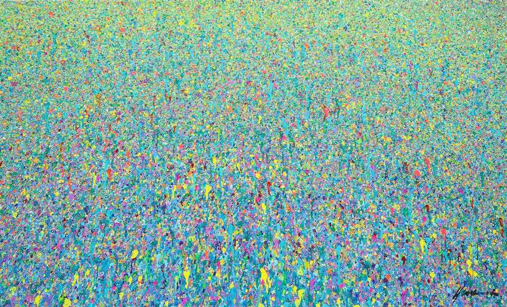 Abstrakte Kunst „Claim 136“, farbenprächtige Malerei auf Leinwand in Blau und Grün, Mischtechnik, Atelier Hellbusch