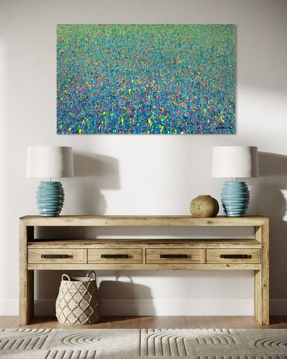 Abstrakte Kunst „Claim 136“ (in situ), farbenprächtige Malerei auf Leinwand in Blau und Grün, Mischtechnik, Atelier Hellbusch