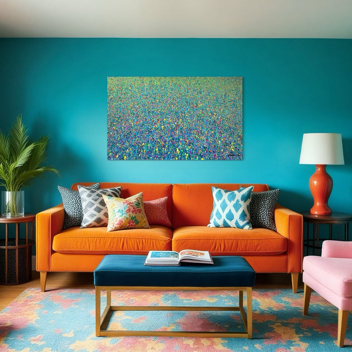 Abstrakte Kunst „Claim 136“ (in situ), farbenprächtige Malerei auf Leinwand in Blau und Grün, Mischtechnik, Atelier Hellbusch
