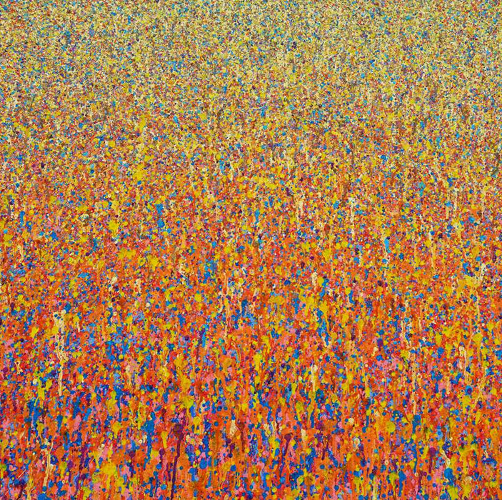 Abstrakte Kunst mit Farbverläufen und organischen Strukturen in Orange, Blau, Gelb und Pink – Claim 137, 80x80cm, 2025. Atelier Hellbusch.