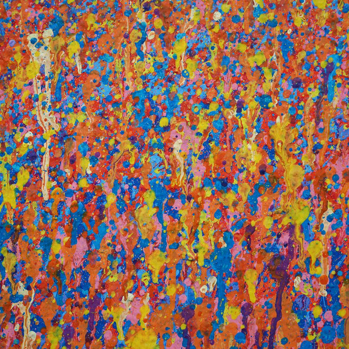 Abstrakte Kunst mit Farbverläufen und organischen Strukturen in Orange, Blau, Gelb und Pink – Claim 137 (Ausschnitt), 80x80cm, 2025. Atelier Hellbusch.