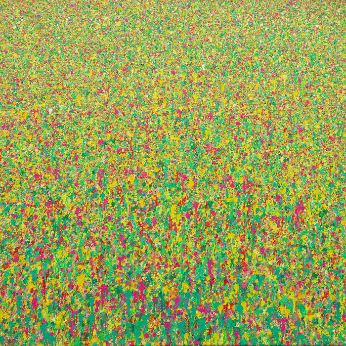 Abstrakte Kunst in leuchtendem Pink, Grün und Gelb – Claim 138, Originalgemälde 80x80cm, 2025. Atelier Hellbusch.