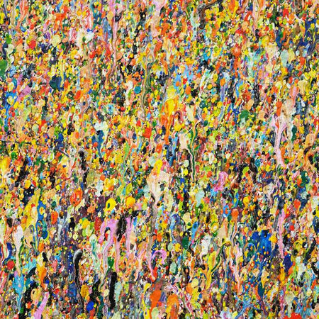 Buntes abstraktes Acrylgemälde auf kleiner Leinwand von Mark Hellbusch – Claim 143, 40x30 cm, 2019