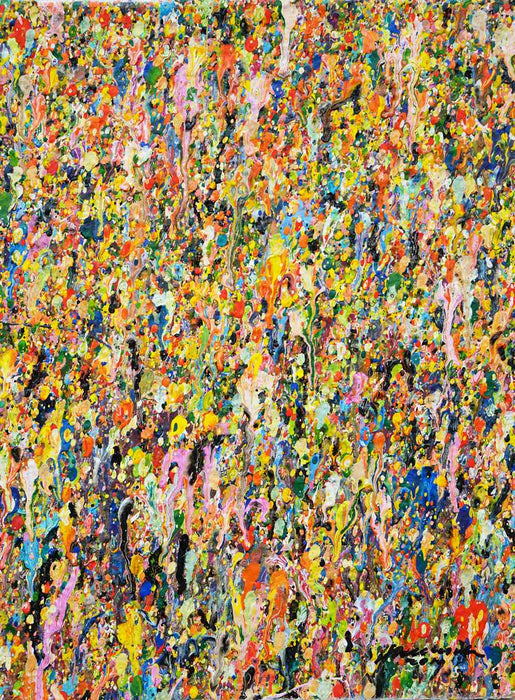 Buntes abstraktes Acrylgemälde auf kleiner Leinwand von Mark Hellbusch – Claim 143, 40x30 cm, 2019