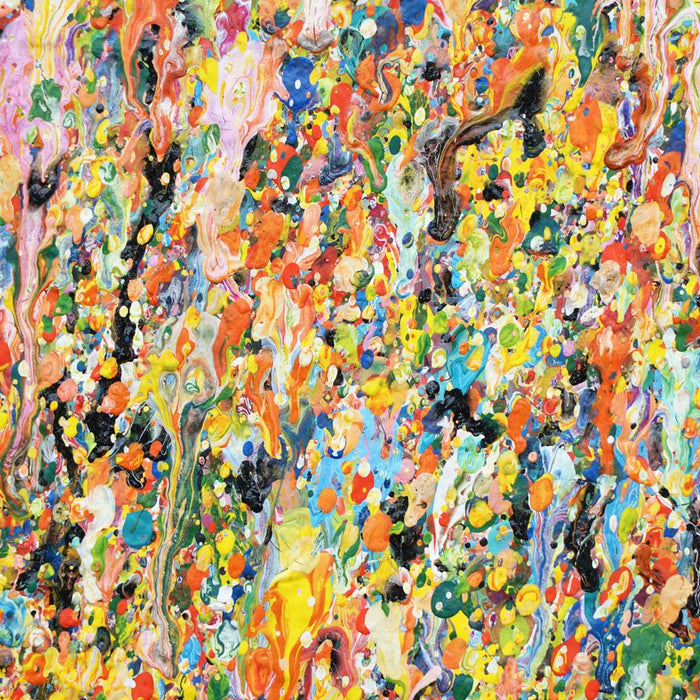 Buntes abstraktes Acrylgemälde (Nahaufnahme) auf kleiner Leinwand von Mark Hellbusch – Claim 143, 40x30 cm, 2019