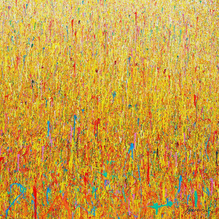 Großes abstraktes Gemälde mit Farbspritzern in Gelb, Orange, Türkis und Pink – Mark Hellbusch – Claim 152 – 125x150 cm – Originalkunstwerk 2025