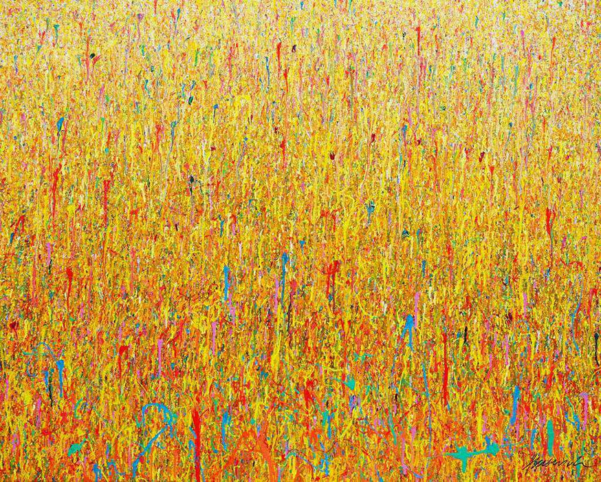 Großes abstraktes Gemälde mit Farbspritzern in Gelb, Orange, Türkis und Pink – Mark Hellbusch – Claim 152 – 125x150 cm – Originalkunstwerk 2025