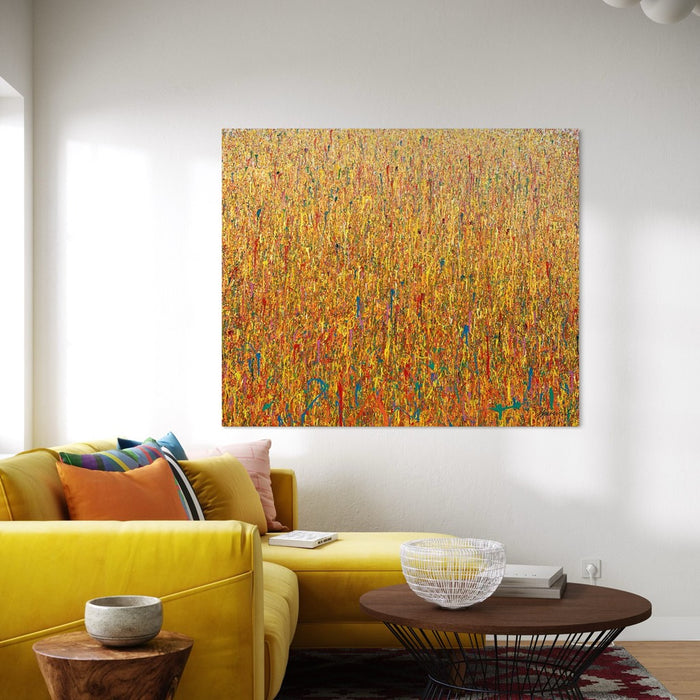 Großes abstraktes Gemälde mit Farbspritzern in Gelb, Orange, Türkis und Pink – Mark Hellbusch – Claim 152 – 125x150 cm – Originalkunstwerk 2025