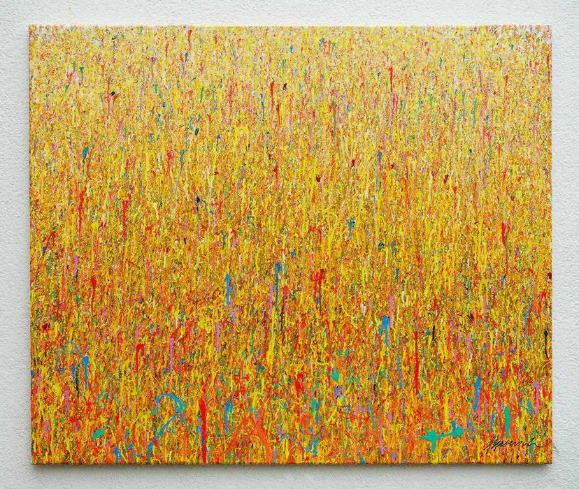 Großes abstraktes Gemälde mit Farbspritzern in Gelb, Orange, Türkis und Pink – Mark Hellbusch – Claim 152 – 125x150 cm – Originalkunstwerk 2025