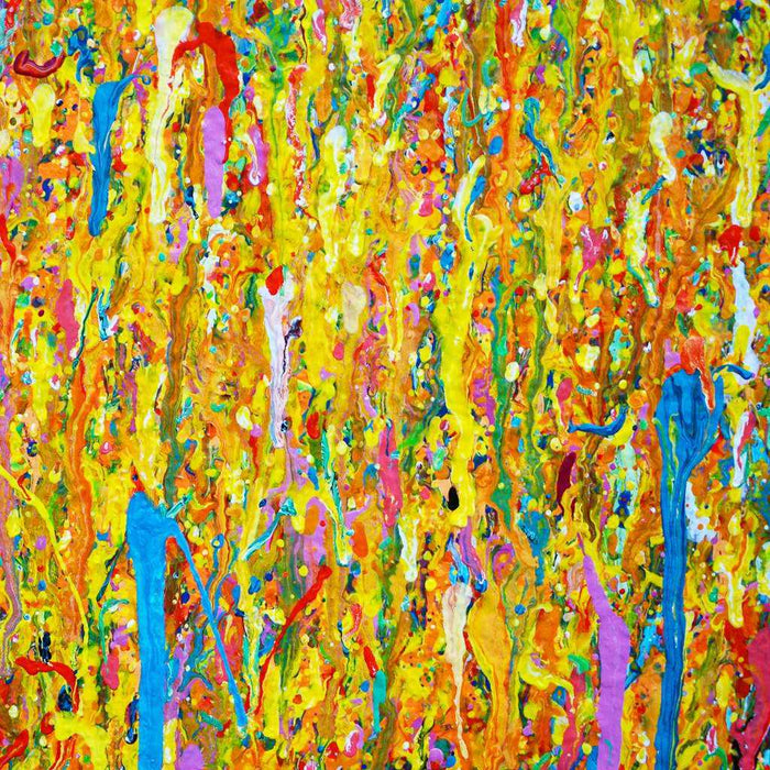 Großes abstraktes Gemälde mit Farbspritzern in Gelb, Orange, Türkis und Pink – Mark Hellbusch – Claim 152 (Nahaufnahme) – 125x150 cm – Originalkunstwerk 2025