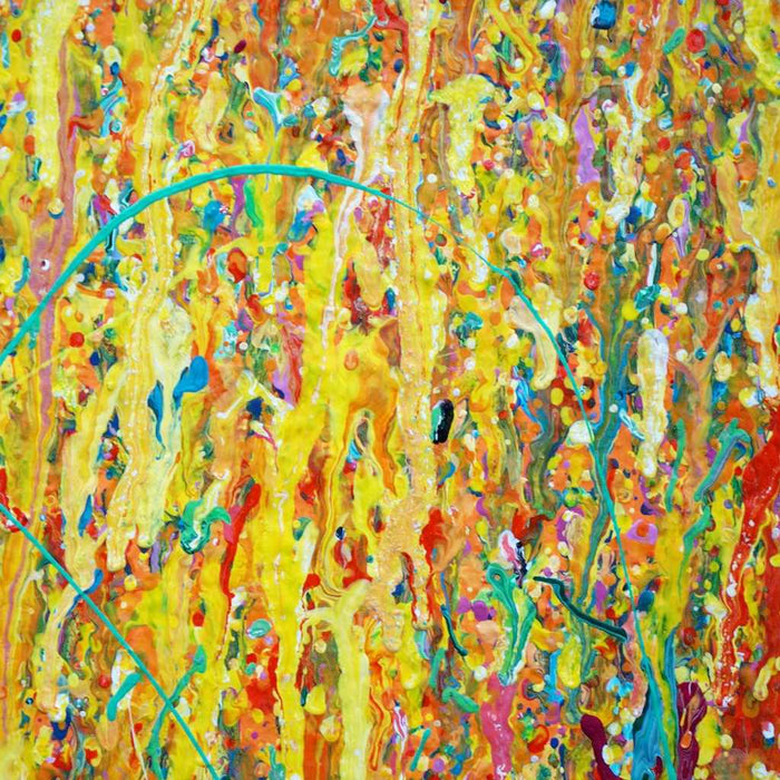 Großes abstraktes Gemälde mit Farbspritzern in Gelb, Orange, Türkis und Pink – Mark Hellbusch – Claim 152 (Nahaufnahme) – 125x150 cm – Originalkunstwerk 2025