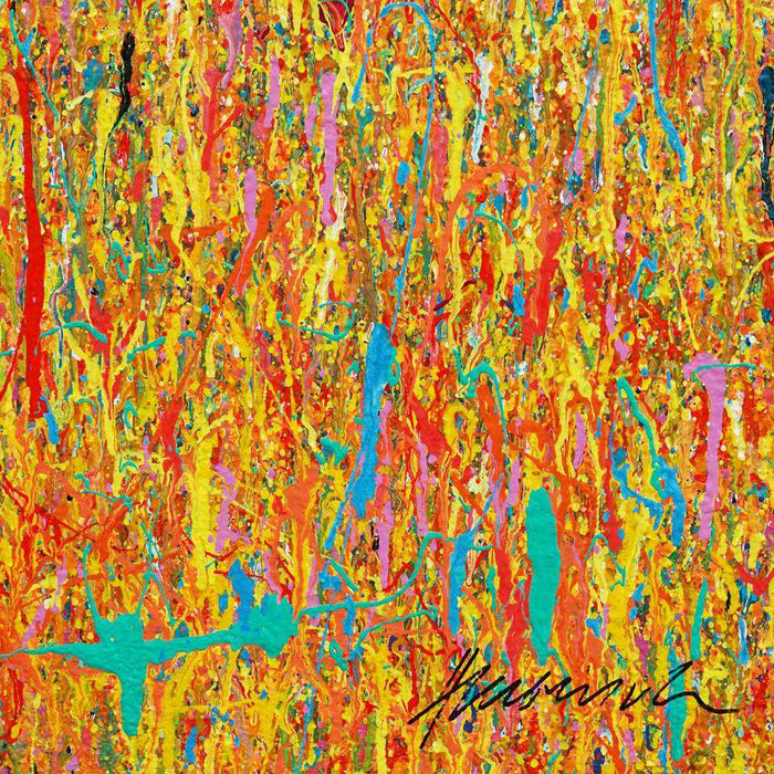 Großes abstraktes Gemälde mit Farbspritzern in Gelb, Orange, Türkis und Pink – Mark Hellbusch – Claim 152 (Nahaufnahme) – 125x150 cm – Originalkunstwerk 2025