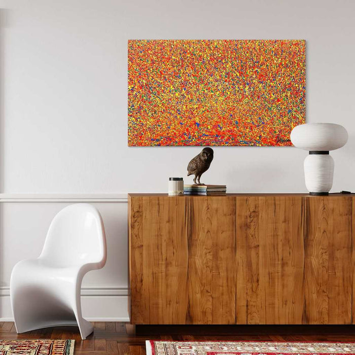 Abstraktes Gemälde Claim 165 im Raum präsentiert, rötlicher Farbverlauf, Atelier Hellbusch