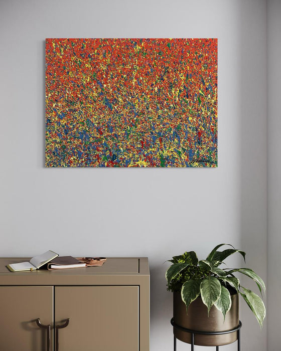 Abstraktes Gemälde "Claim 173" (in situ) aus der Reihe "Organic Grounds"  mit leuchtender, expressiver Farbstruktur, Acryl und Lack auf Leinwand, zeitgenössische Kunst, Atelier Hellbusch.