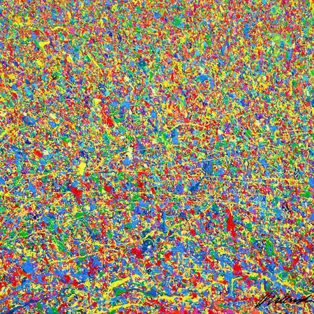 Abstrakte Kunst „Claim 174“ mit dichter, farbintensiver Struktur in Blau und Multicolor, Mischtechnik auf Leinwand, Atelier Hellbusch